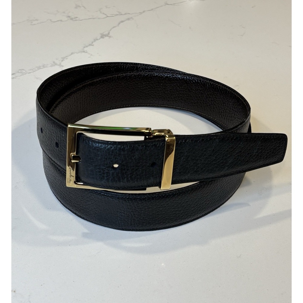 Salvatore Ferragamo Leather Belt Black Gold Buckle Sz 36
